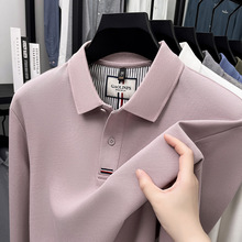 中年男士纯棉纯色宽松POLO衫长袖春秋新款商务百搭打底翻领上衣潮