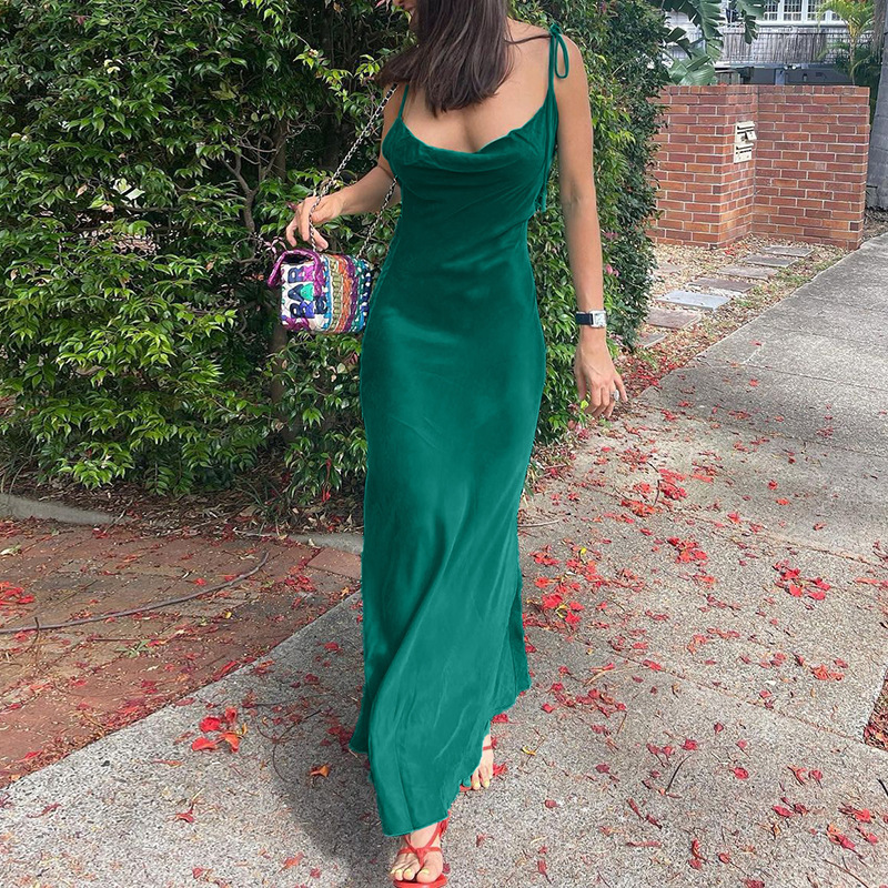 solid color backless metal chain long slit sling dress NSJS119981