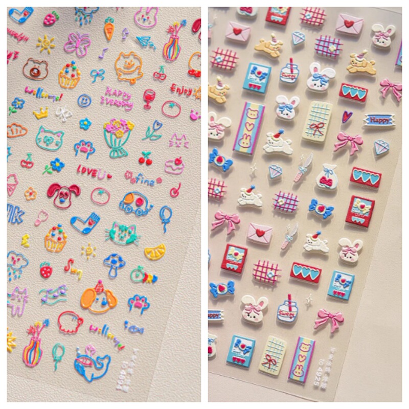 New Cute Graffiti Line Embossed Nail Stickers with Puppies, Rabbits, and Flowers, Versatile Dopamine Adhesive Nail Stickers