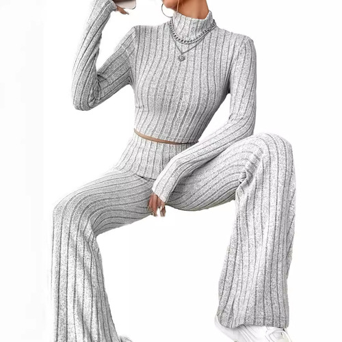 European and American Amazon women's 2025 knit long-sleeved suit, loose-fitting high-waisted pants, two-piece set