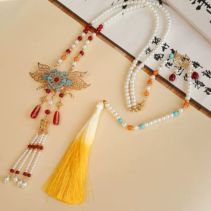 古风汉服马面裙配饰国风软璎珞自带背云长流苏吊坠新中式百搭项链