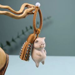 榉木雕刻国潮淘气猫咪包挂diy棉流苏钥匙扣文玩可爱卡通挂饰挂件