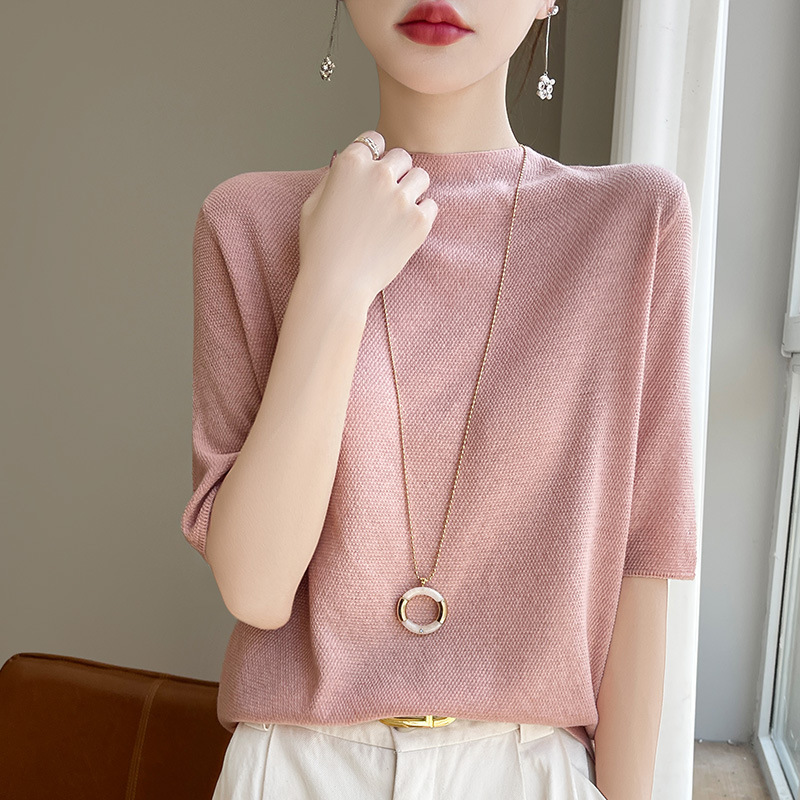 Summer Worsted Knitted Short-sleeved T-shirt Women's Loose Semi-high Collar Base Shirt Thin Solid Color Women's Top Half-sleeved