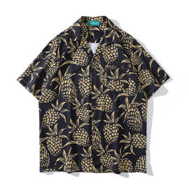 港风复古夏威夷菠萝水果满印短袖vintage花衬衫男女泰式情侣衬衣