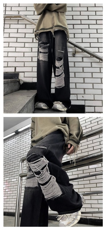Spring And Autumn Distressed Jeans For Men, Casual Trendy Brand, Cool Washed High Street American Style Versatile Pants_mkmklike.com