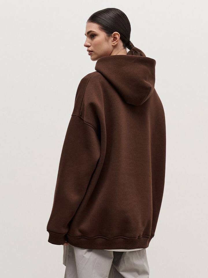 Áo hoodie nỉ lông dáng rộng có mũ và túi, tay dài, dáng unisex — Màu cà phê, Màu hồng, Màu xám, Màu đen chi tiết 56