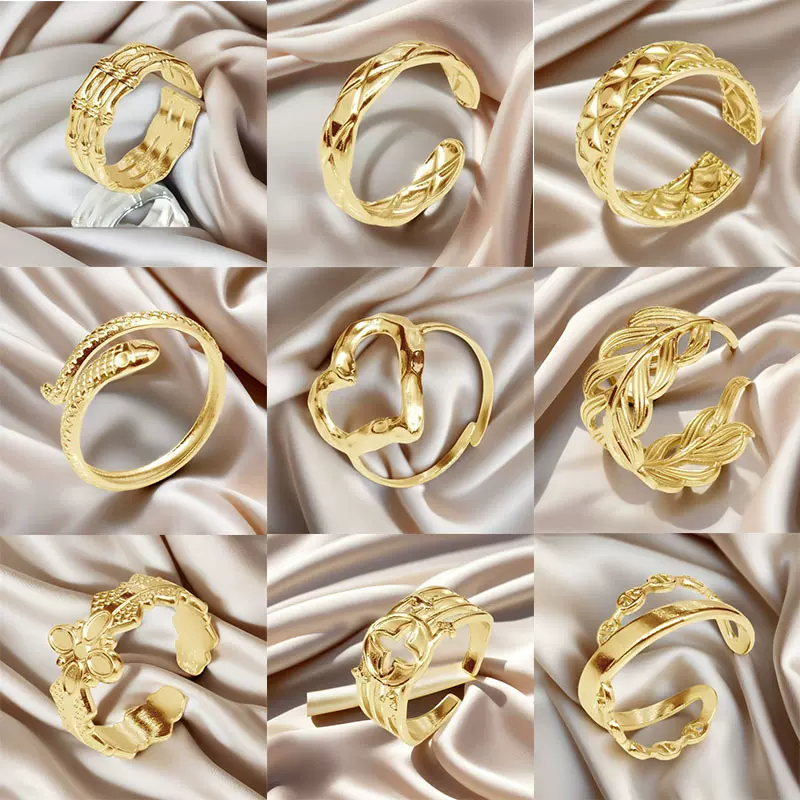 跨境钛钢戒指不掉色新款金色不锈钢开口可调节指环小众设计戒指女