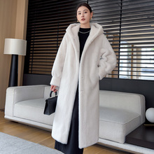 进口紫标天鹅绒貂皮大衣女整貂连帽中长款大码仿水貂皮草外套显瘦