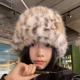 韩国秋冬ins博主fever同款毛绒豹纹渔夫帽子女保暖水桶盆帽显脸小