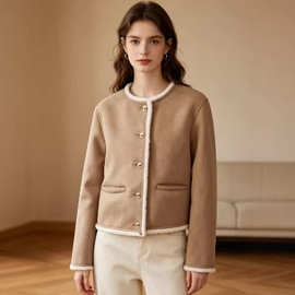 跨境欧美2026春季欧美风气质时尚双面圆棕色领夹克金色纽扣外套