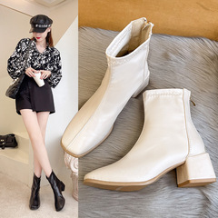 2024 New Autumn and Winter Mid-Heel Short Boots for Women, Chunky Heel Martin Boots for Women, Korean Version Back Zipper Short Booties for Women 