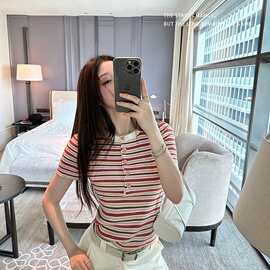26夏季新款少女感糖果小香风多巴胺甜美条纹针织短袖上衣146