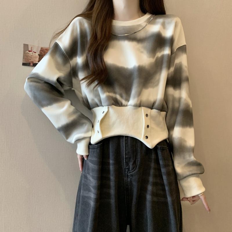 American Retro Tie-Dye Hooded Sweatshirt for Women, Spring and Autumn, Plus Size, Slimming Design, Irregular Short Top, Trendy