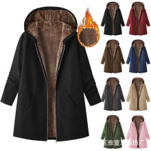 2025欧美wish速卖通跨境秋冬加绒新款卫衣连帽上衣风衣纯色外套女