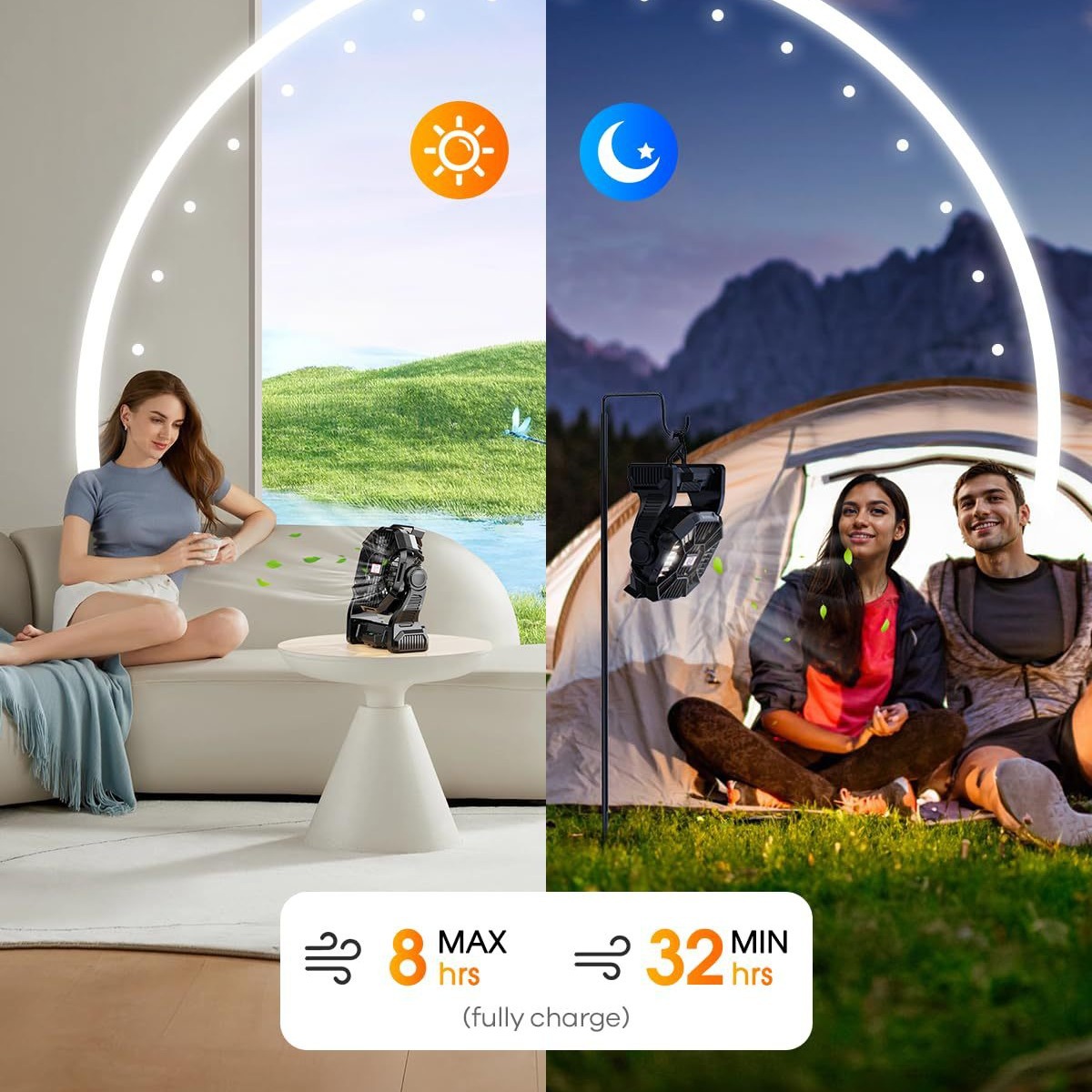 Lámpara Ventilador Portátil para Camping con Luz LED Recargable de 3 Velocidades