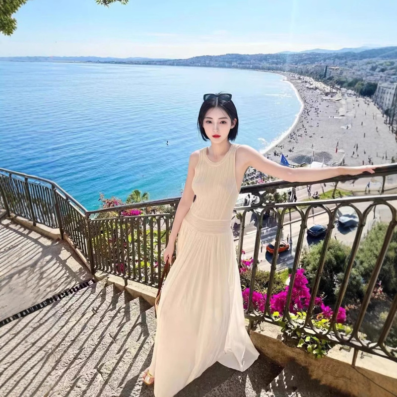 2024 summer new ed French temperament knitted vest stitching waist long skirt slim dress GZ2473