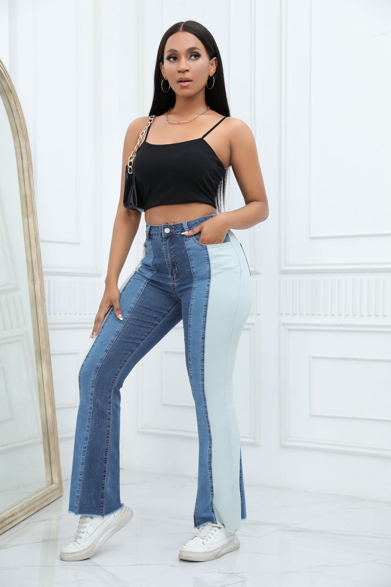 Frau Täglich Lässig Strassenmode Farbblock In Voller Länge Kontrastbindung Schlaghose Jeans display picture 7