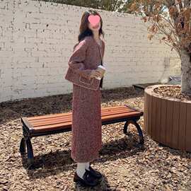 感红色毛呢小香风套装裙女秋冬气质毛外套半身裙两件套
