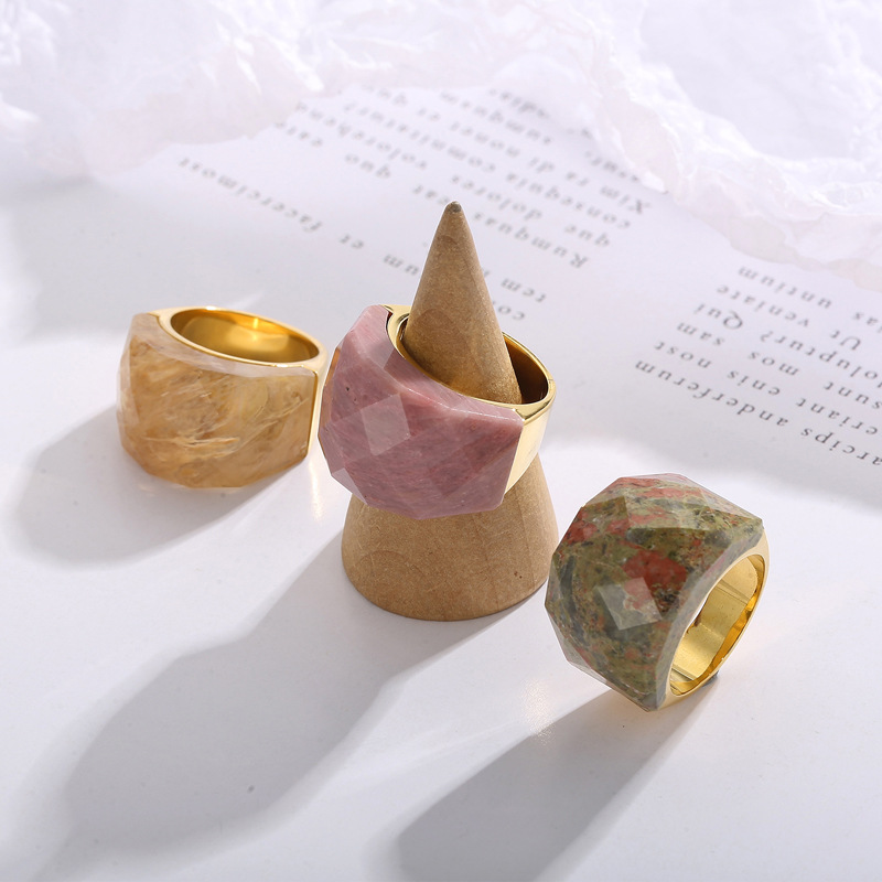Natural Stone Inlay Material Rings Classification Fashion Round Stainless Steel Plating Inlay Natural Stone Rings 1 Piece