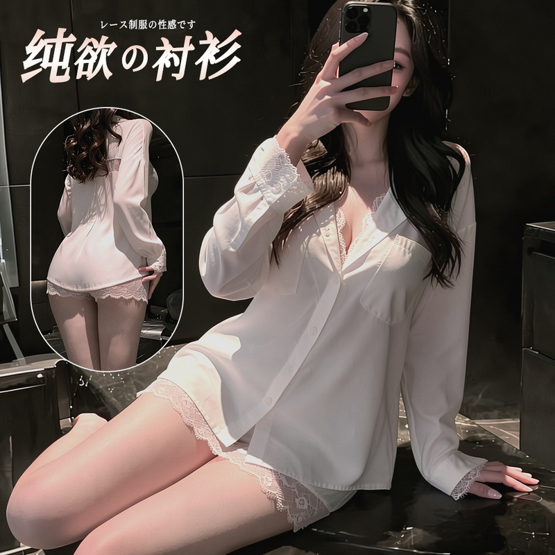Sexy Boyfriend-Style Shirt, Sexy Pajamas, Satin Silky Thin Nightgown, Pure Desire Style Home Sleepwear, Casual