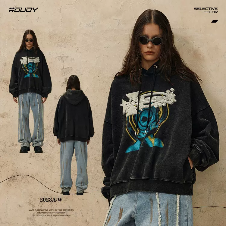 #OVDY 秋冬新款洗水做旧卫衣男潮复古暗黑系420克重磅情侣连帽衫
