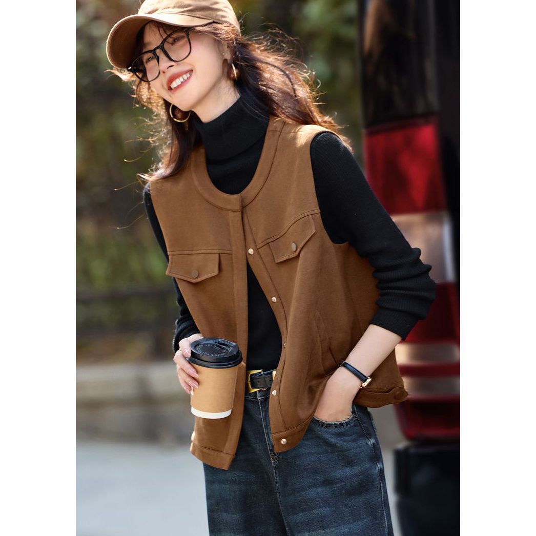 Retro Fashionable Design Lapel Workwear Imitation Suede Vest 2025 Autum New Sleeveless Jacket Women Summer