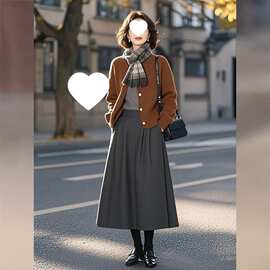 今年流行的女装套装春季穿搭2025新款高级感棕色针织开衫a字伞裙