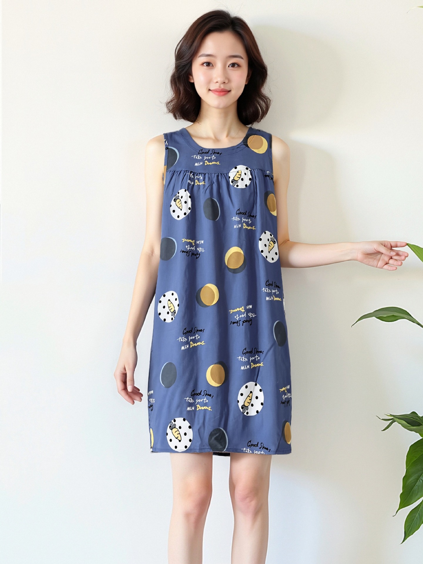 女性用ナイトガウン夏プラスサイズノースリーブコットンシルクミッドレングス人工綿ルーズドレス中高年パジャマホームウェア