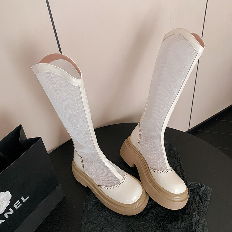 Boot lưới da thật cổ cao mũi tròn đế dày phối màu thoáng khí mùa hè — Màu đen cổ ống lớn, Ống nhỏ màu đen, Chu vi ống lớn màu trắng Be, Ống nhỏ màu be chi tiết 12