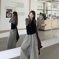 早秋款甜美软糯针织打底衫挂脖马甲+垂感宽松阔腿长裤三件套装女