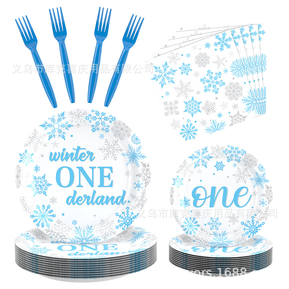 Nuevo tema de nieve azul bandeja de papel desechable vaso de papel mantel banner traje de decoración de fiesta de cumpleaños de niño