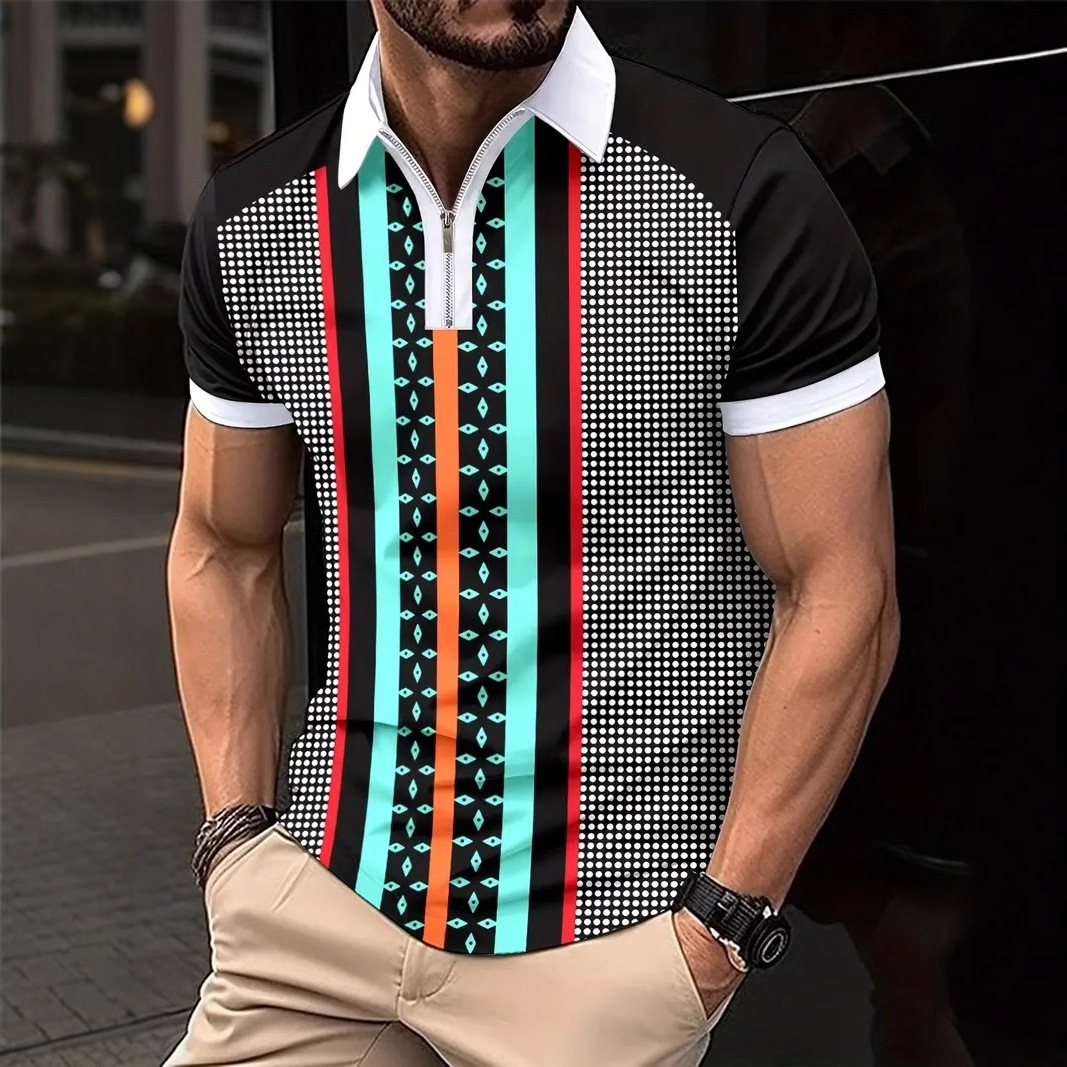 Camisa POLO con cremallera de manga corta suelta y transpirable con estampado 3D de rayas de contraste geométrico de personalidad caliente para hombres de negocios