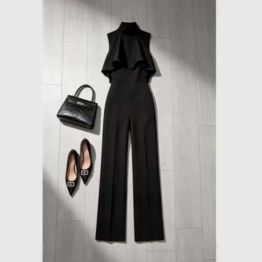 2026 Summer New Arrival: Elegant Long Trousers for Important Occasions, Slimming Black Ruffled Sleeveless Jumpsuit