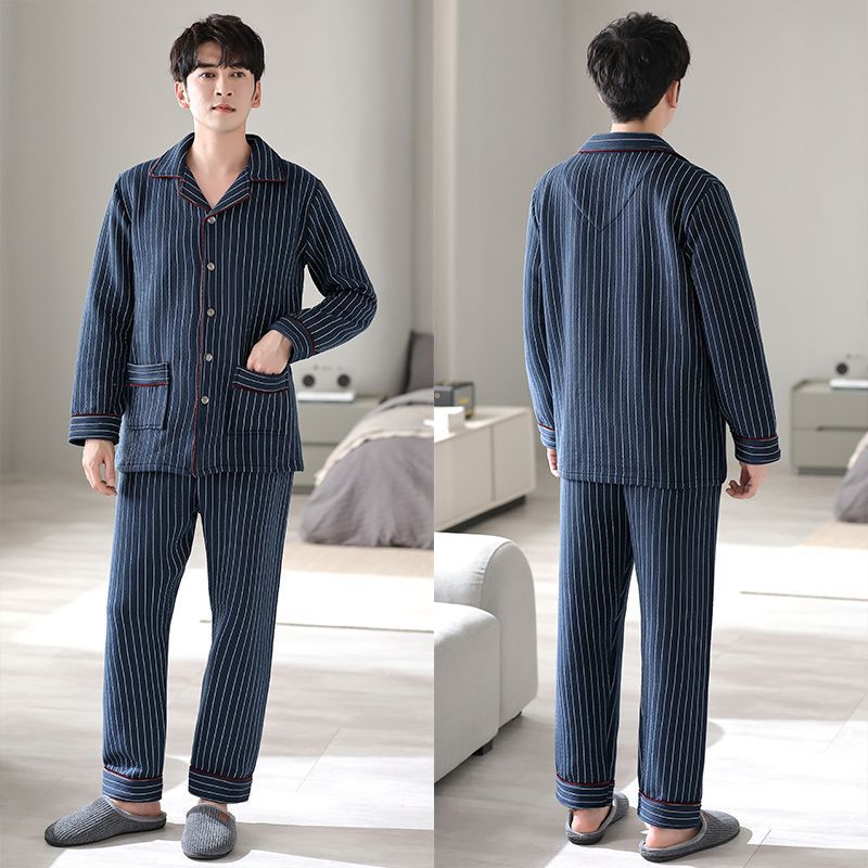 Pijamas de algodón puro para hombres de primavera y otoño engrosado de manga larga para hombres de otoño e invierno ropa de hogar de invierno para hombres acolchada fina