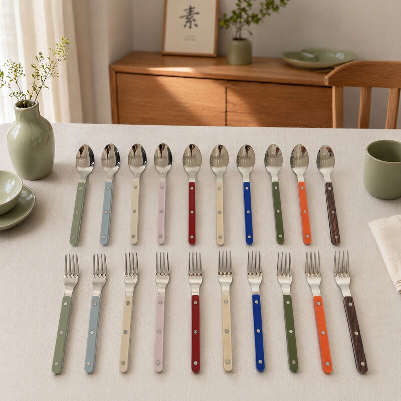 French-Style 316 Stainless Steel Spoon and Fork with Abs Colorful Handle and Rivets, Children's Dessert Spoon and Fork, High Aesthetic Value Fork and Spoon French-Style 316 Stainless Steel Spoon and Fork with Abs Colorful Handle and Rivets, Children's Dessert Spoon and Fork, High Aesthetic Value Fork and Spoon