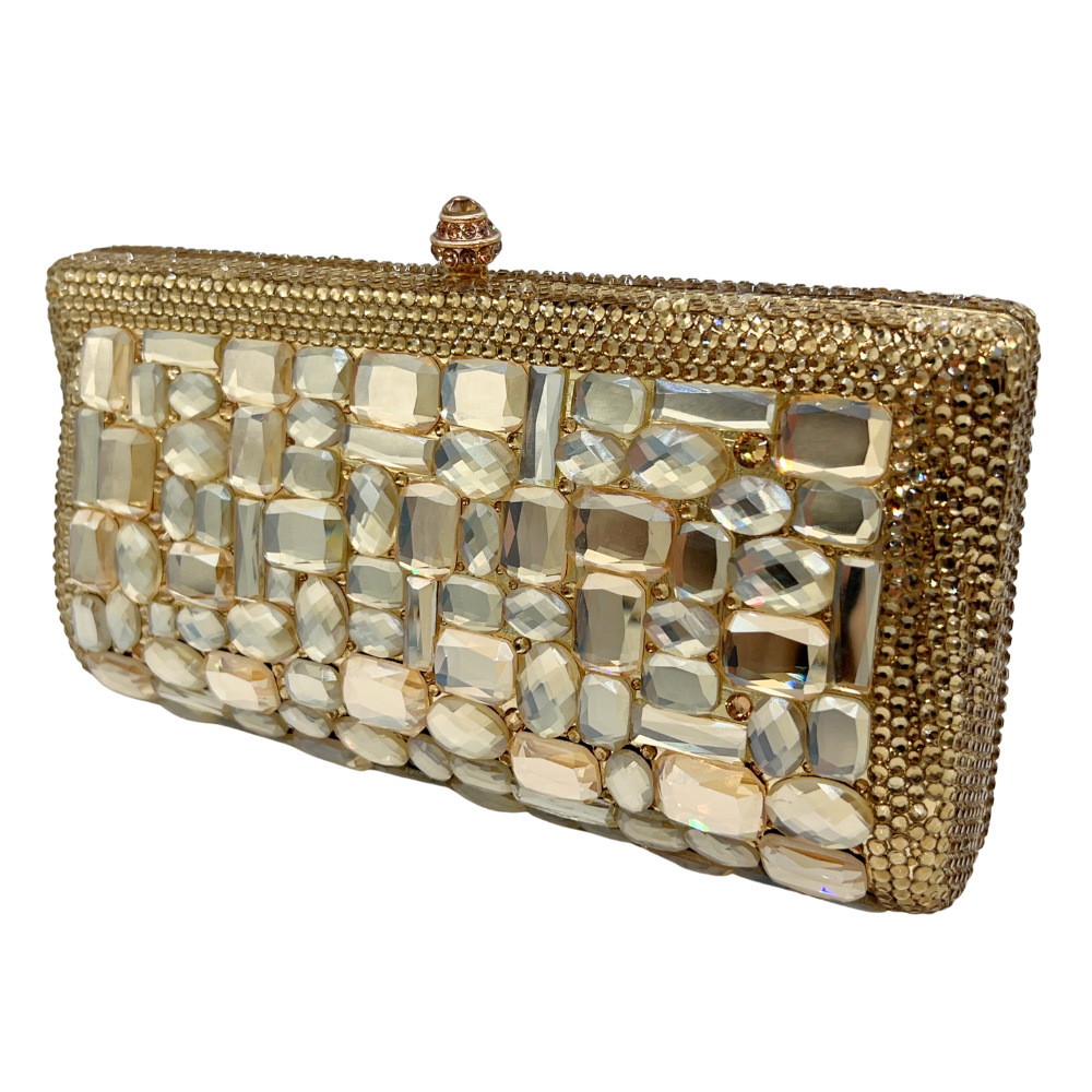 Túi clutch nữ đính đá kim cương handmade đáy kính xách tay dự tiệc — vàng, bạc, màu tím đậm, màu xanh đậm chi tiết 2