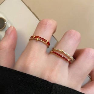 2025 New New Year Festive Red Star Glaze Ring Women's Niche Finger Ring Retro Hong Kong Style Opening Ring