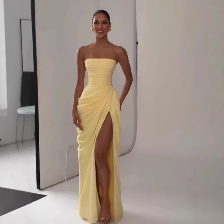 Sdm225 Stylish Hot Girl Tube Top Yellow Slit Dress Wholesale Direct Source for Foreign Trade with Fishbone Support Recommended Sdm225 Stylish Hot Girl Tube Top Yellow Slit Dress Wholesale Direct Source for Foreign Trade with Fishbone Support Recommended