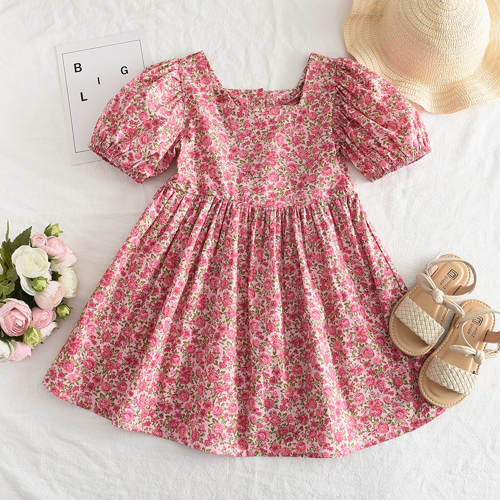 Girls' Floral Dress Summer New Cross-Border Style Baby Puff Sleeve Sweet Dress French Print Doll Dress