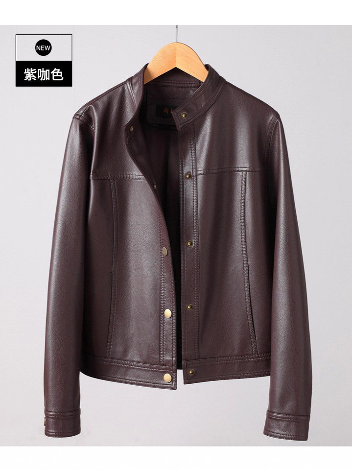 Áo khoác da nữ dáng ngắn cổ đứng tay dài phong cách retro — màu đen, nâu sẫm