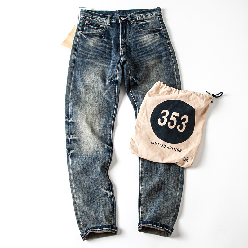 Heavy thick jeans men's Japanese vintage washed white distressed slim straight overalls Denim long pants men