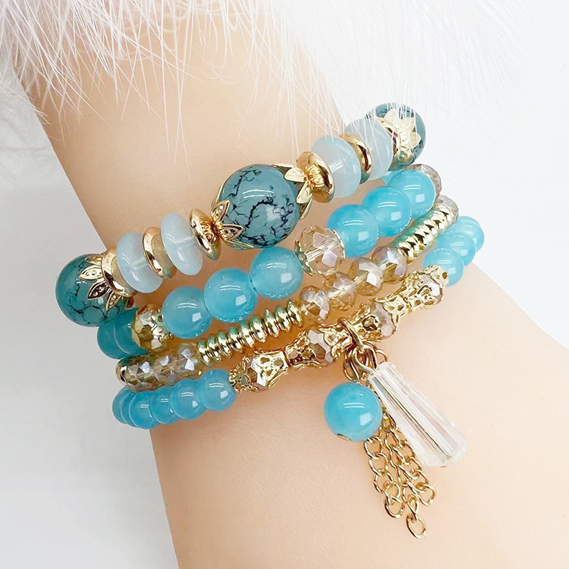 Cross-Border Bohemian Bracelet Wholesale Imitation Agate Chain Tassel Bracelet Colored Glass Crystal Bracelet Four Pack