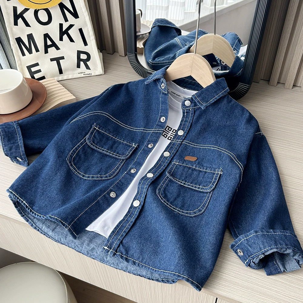 Детская Осенняя новая детская одежда для мальчиков, чистый цвет, выбеленный основной цвет, джинсовая рубашка, джинсовая куртка оптом