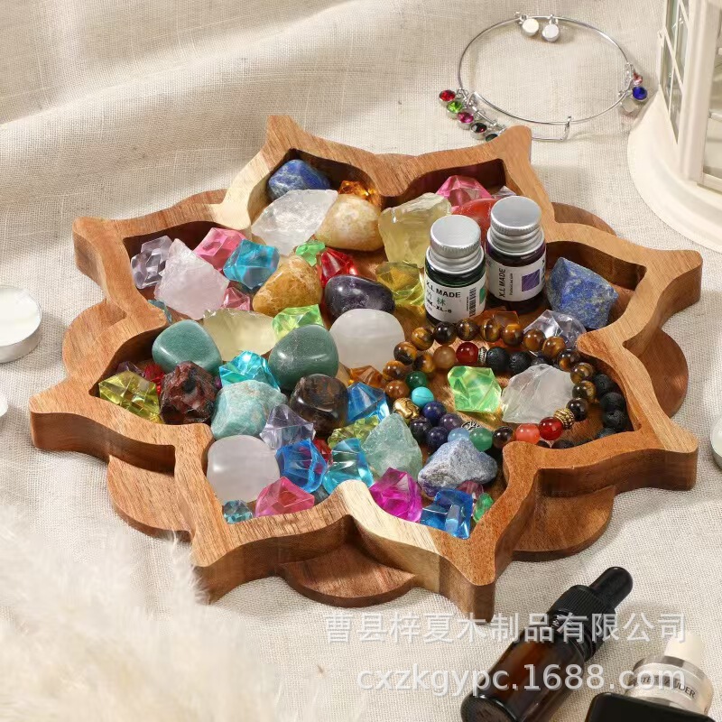Wooden Essential Oil Tray Jewelry Crystal Decorative Tray Shop Ornaments Sunflower Retro Essential Oil Solid Wood Display Tray