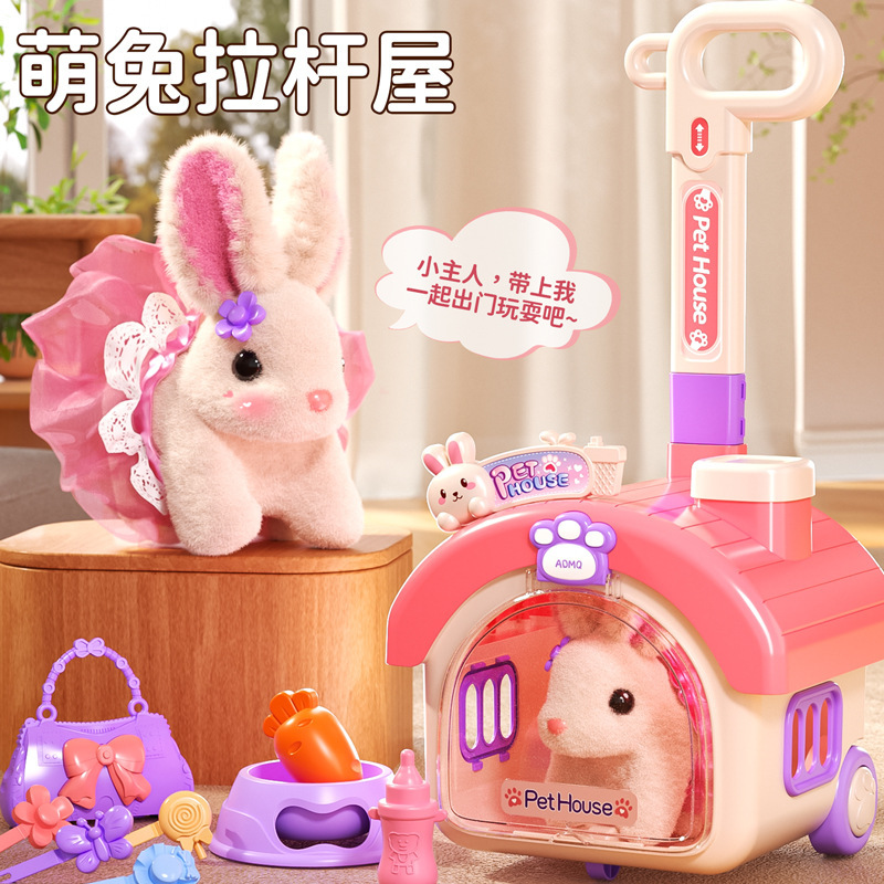 New Children's Electric Bunny Walking Toy, Cute Pet Pull-Along Pet House Toy Set, Realistic Pretend Play Gift