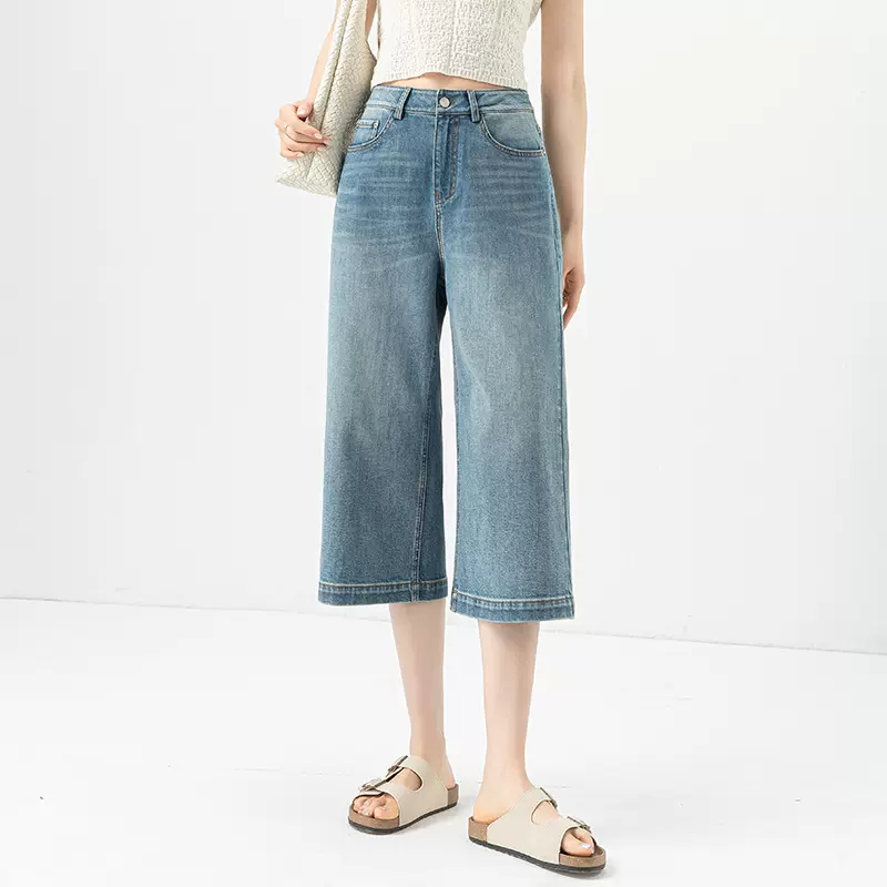 鑫阁高腰阔腿七分裤女2025夏季薄款小个子宽松显瘦休闲直筒牛仔裤