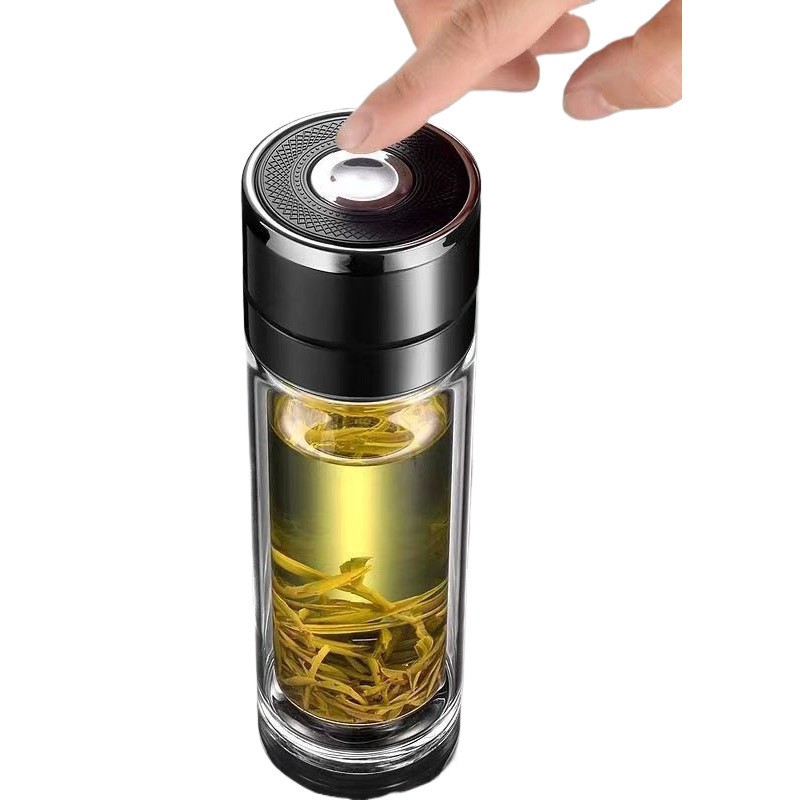 新款茶水分离杯男士车载速开杯一键开盖双层玻璃杯便携按压式水杯|undefined