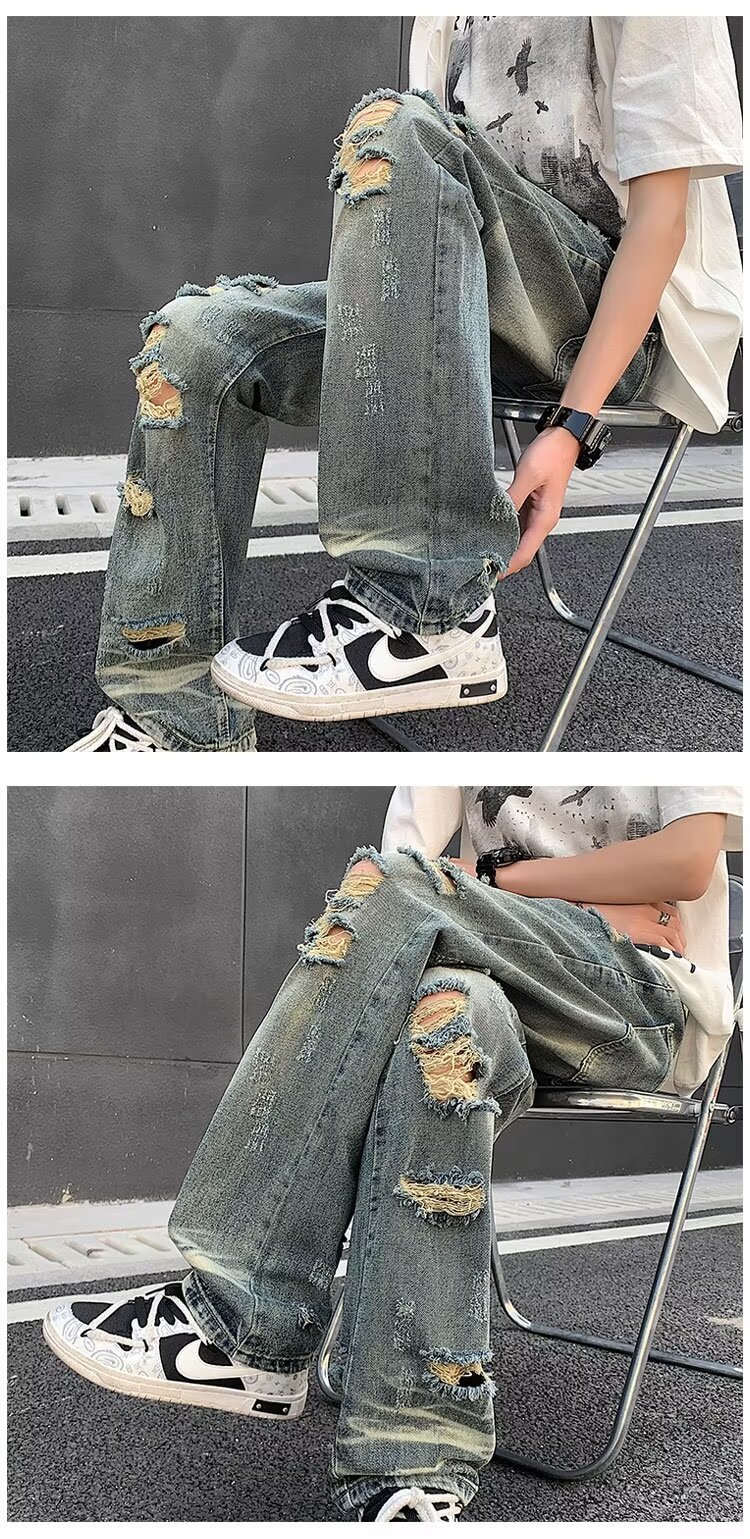 boy Ripped Jeans For Men, Trendy Brand, European And American Street Style Pants, Vintage High Street, Distressed Washed_viptrois.com