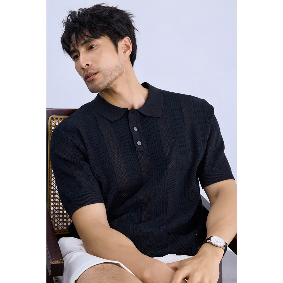 Polo camiseta de punto camiseta de manga corta hombre solapa rayas huecas viejas camisetas de negocios de verano fábrica transfronteriza al por mayor