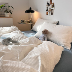 華夫格親膚四件套壓泡三件套水洗棉純色拼色提花宿舍民宿廠家批發